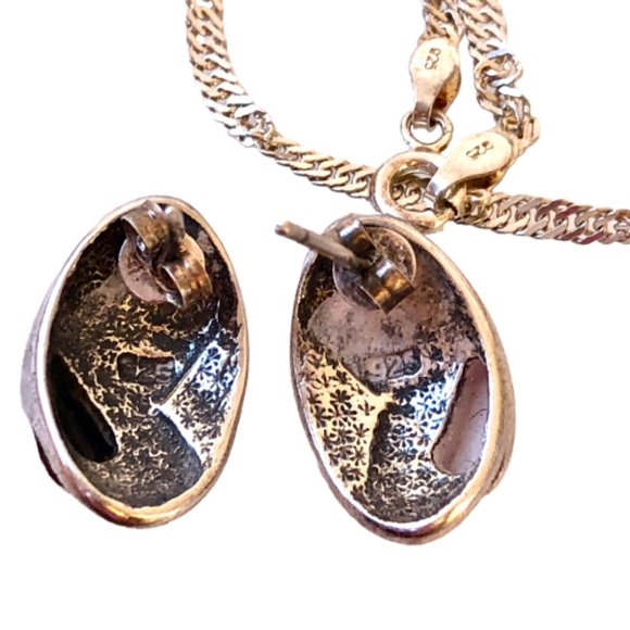 Vintage Sterling Silver 925 Maracite Necklace + Stud Earring Set OPALS - Picture 4 of 10